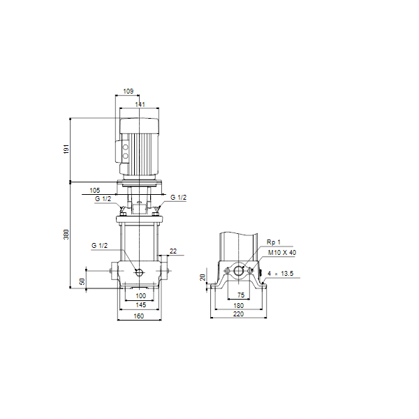 Вертикальный многоступенчатый центробежный насос Grundfos CR 1-10 A-A-A-V-HQQV артикул 96516206 – габаритный чертеж