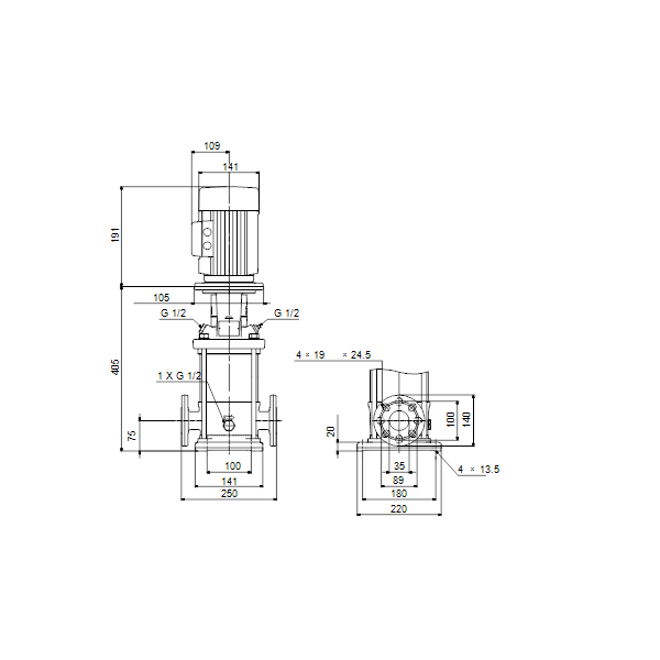 Вертикальный многоступенчатый центробежный насос Grundfos CR 1-10 A-FGJ-A-V-HQQV артикул 96516268 – габаритный чертеж