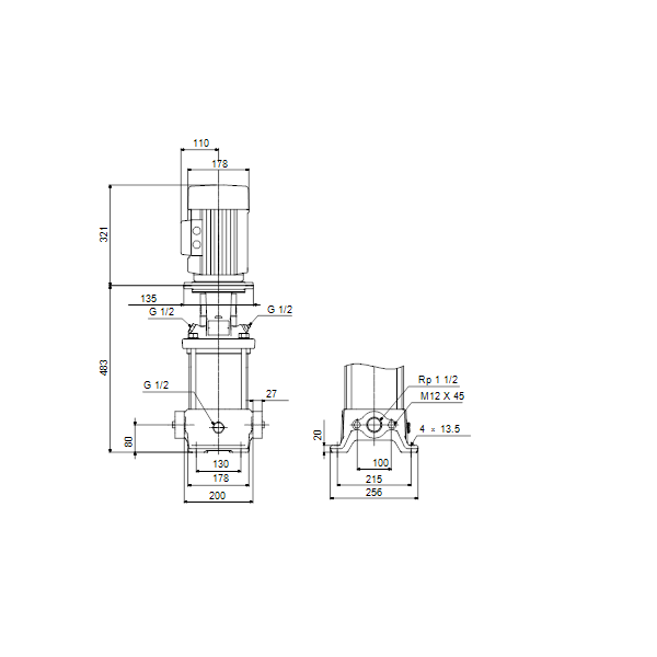 Вертикальный многоступенчатый центробежный насос Grundfos CR 10-6 A-A-A-V-HQQV артикул 96501329 – габаритный чертеж