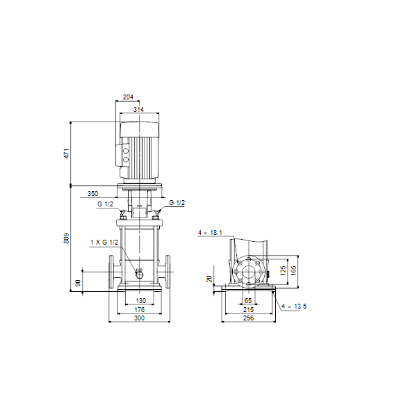 Вертикальный многоступенчатый центробежный насос Grundfos CR 15-10 A-F-A-V-HQQV артикул 96501991 – габаритный чертеж