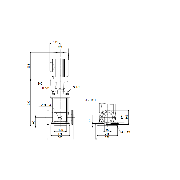 Вертикальный многоступенчатый центробежный насос Grundfos CR 15-6 A-F-A-E-HQQE артикул 96501897 – габаритный чертеж