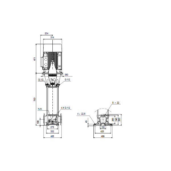 Вертикальный многоступенчатый центробежный насос Grundfos CR 155-1-1 A-F-A-V-HQQV артикул 99143262 – габаритный чертеж