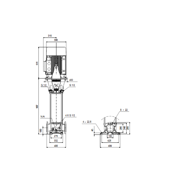 Вертикальный многоступенчатый центробежный насос Grundfos CR 155-2 A-F-A-V-HQQV артикул 99143265 – габаритный чертеж