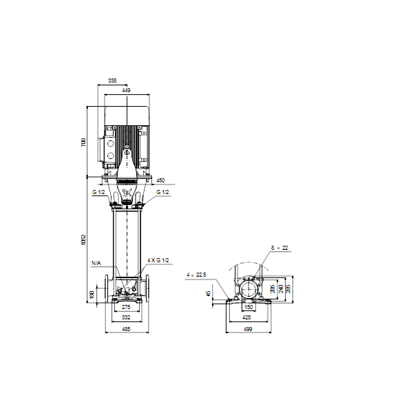 Вертикальный многоступенчатый центробежный насос Grundfos CR 155-3 A-F-A-V-HQQV артикул 99143267 – габаритный чертеж