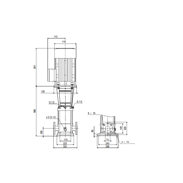 Вертикальный многоступенчатый центробежный насос Grundfos CR 32-1-1 A-F-A-V-HQQV артикул 96121978 – габаритный чертеж