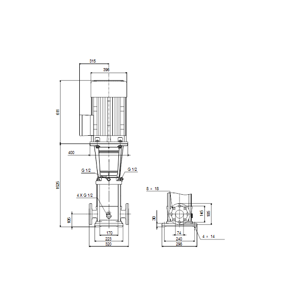 Вертикальный многоступенчатый центробежный насос Grundfos CR 32-14-2 A-F-A-V-HQQV артикул 96122060 – габаритный чертеж