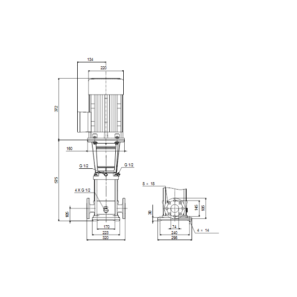 Вертикальный многоступенчатый центробежный насос Grundfos CR 32-2 A-F-A-E-HQQE артикул 96122009 – габаритный чертеж