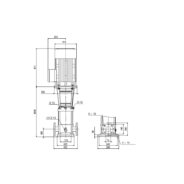 Вертикальный многоступенчатый центробежный насос Grundfos CR 32-7 A-F-A-E-HQQE артикул 96122019 – габаритный чертеж