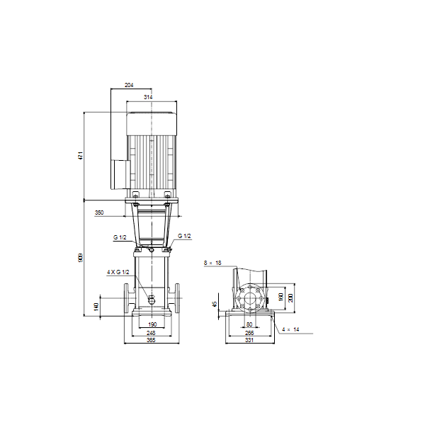 Вертикальный многоступенчатый центробежный насос Grundfos CR 45-4-2 A-F-A-V-HQQV артикул 96122827 – габаритный чертеж