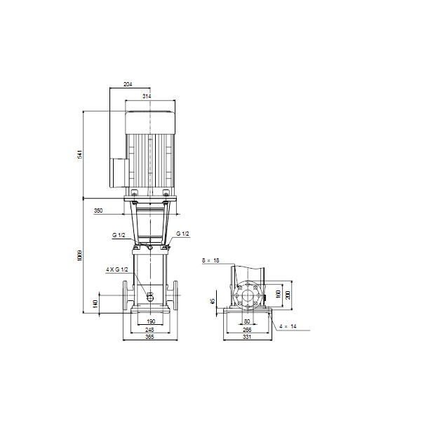 Вертикальный многоступенчатый центробежный насос Grundfos CR 45-6 A-F-A-V-HQQV артикул 96122832 – габаритный чертеж