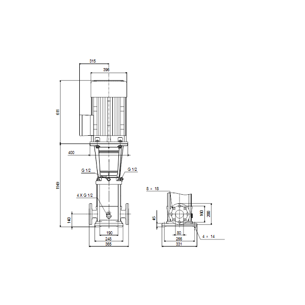 Вертикальный многоступенчатый центробежный насос Grundfos CR 45-7-2 A-F-A-E-HQQE артикул 96122808 – габаритный чертеж