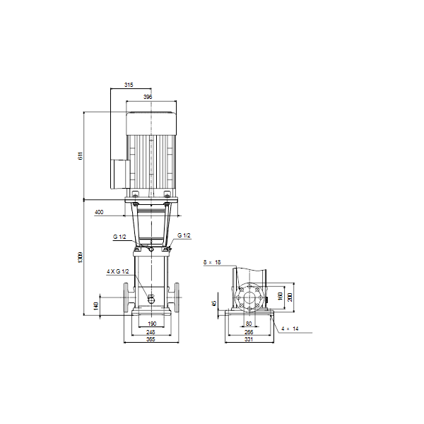 Вертикальный многоступенчатый центробежный насос Grundfos CR 45-9-2 A-F-A-E-HQQE артикул 96122812 – габаритный чертеж
