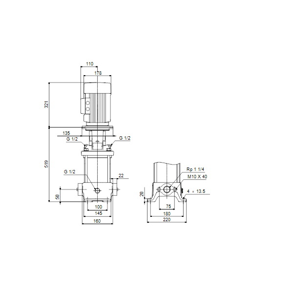 Вертикальный многоступенчатый центробежный насос Grundfos CR 5-11 A-A-A-V-HQQV артикул 96513412 – габаритный чертеж