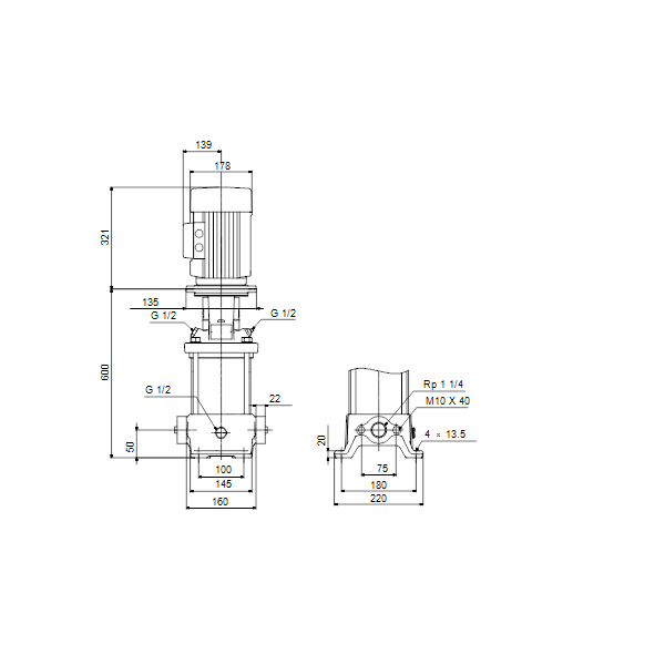 Вертикальный многоступенчатый центробежный насос Grundfos CR 5-14 A-A-A-E-HQQE артикул 96534125 – габаритный чертеж