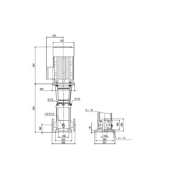 Вертикальный многоступенчатый центробежный насос Grundfos CR 64-1 A-F-A-E-HQQE артикул 96123527 – габаритный чертеж
