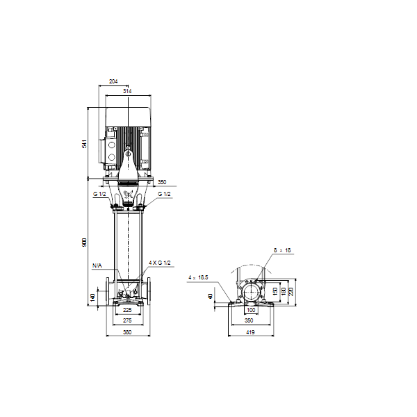 Вертикальный многоступенчатый центробежный насос Grundfos CR 95-3 A-F-A-E-HQQE артикул 99141740 – габаритный чертеж