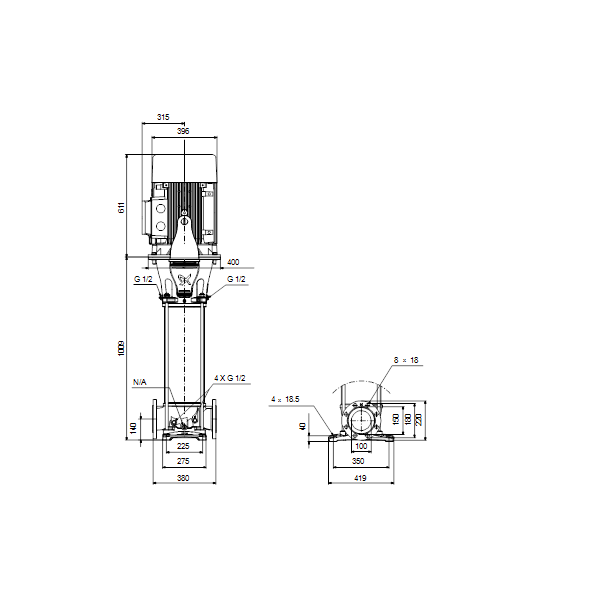 Вертикальный многоступенчатый центробежный насос Grundfos CR 95-4 A-F-A-V-HQQV артикул 99141752 – габаритный чертеж