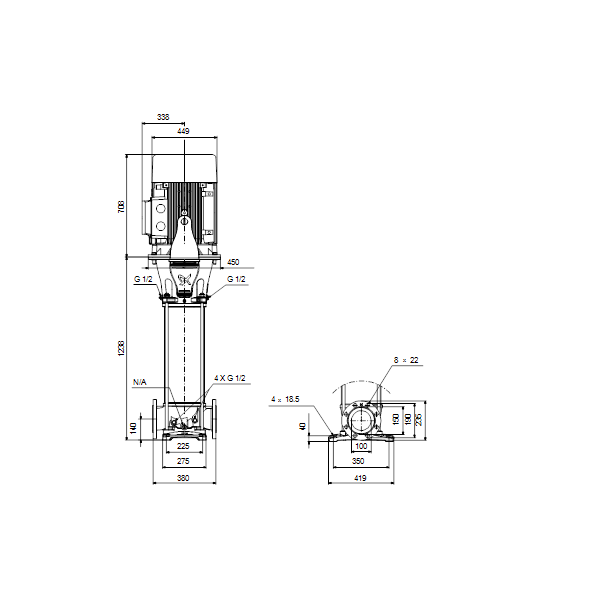 Вертикальный многоступенчатый центробежный насос Grundfos CR 95-6 A-F-A-V-HQQV артикул 99141754 – габаритный чертеж