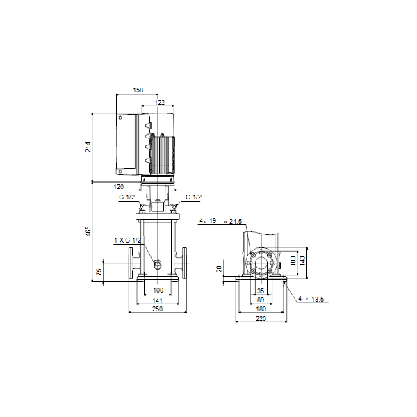 Вертикальный многоступенчатый центробежный насос Grundfos CRE 1-13 A-FGJ-A-E-HQQE артикул 98389294 – габаритный чертеж