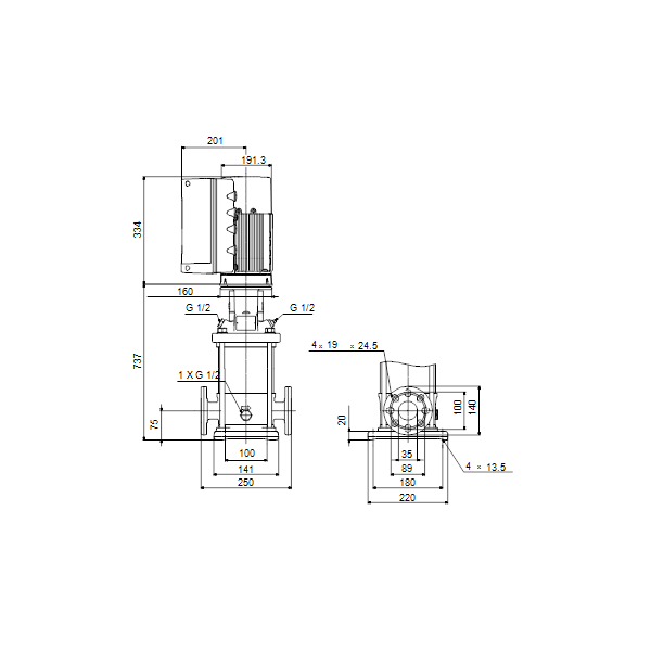 Вертикальный многоступенчатый центробежный насос Grundfos CRE 1-27 A-FGJ-A-E-HQQE артикул 99072116 – габаритный чертеж
