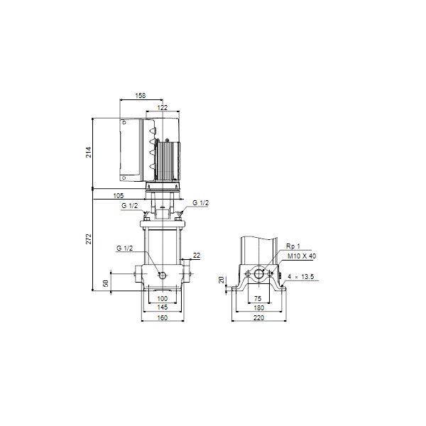 Вертикальный многоступенчатый центробежный насос Grundfos CRE 1-4 N-A-A-E-HQQE артикул 98389310 – габаритный чертеж