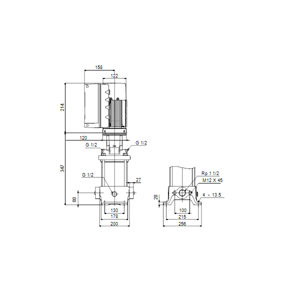Вертикальный многоступенчатый центробежный насос Grundfos CRE 10-1 A-A-A-E-HQQE артикул 98390236 – габаритный чертеж