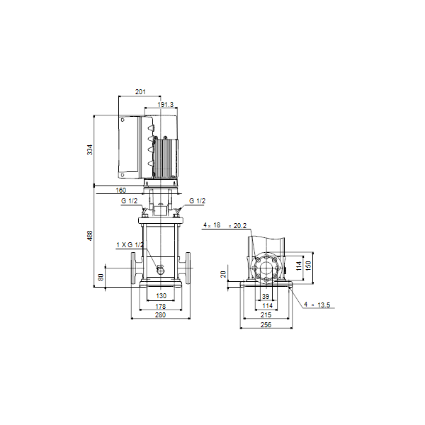 Вертикальный многоступенчатый центробежный насос Grundfos CRE 10-6 N-FJ-A-E-HQQE артикул 99071461 – габаритный чертеж