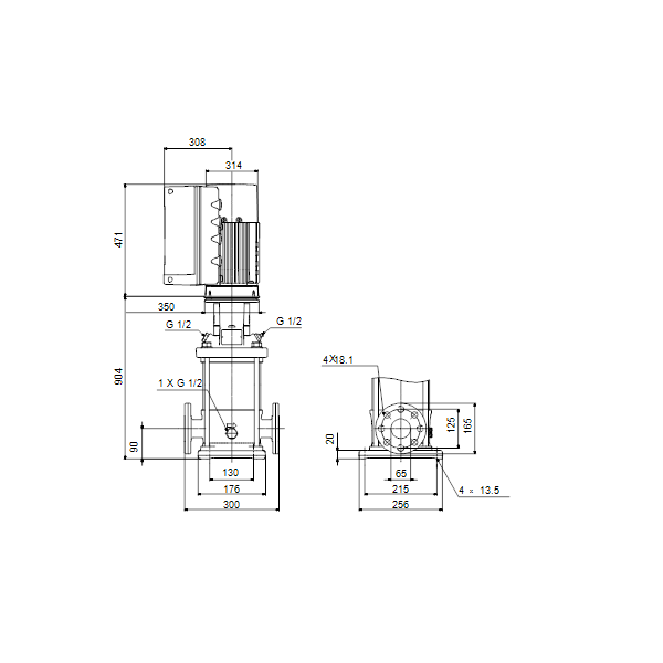 Вертикальный многоступенчатый центробежный насос Grundfos CRE 15-10 N-F-A-E-HQQE артикул 96514575 – габаритный чертеж