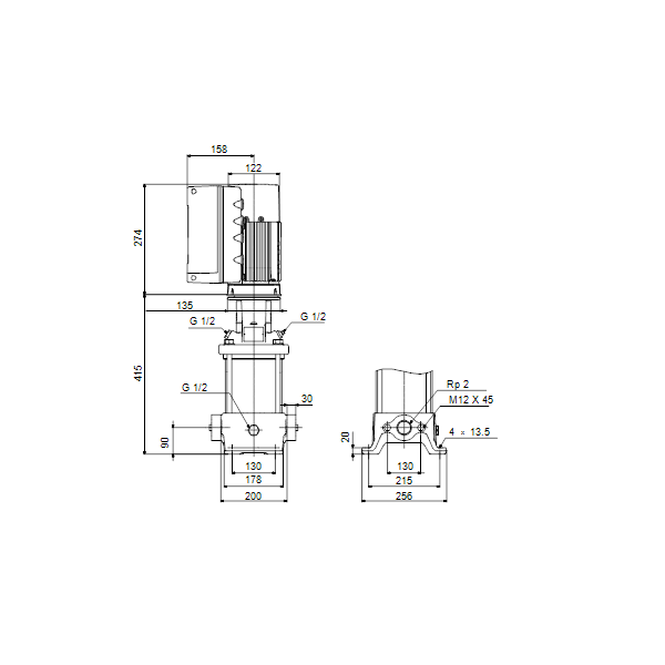 Вертикальный многоступенчатый центробежный насос Grundfos CRE 20-1 N-A-A-E-HQQE артикул 98390768 – габаритный чертеж