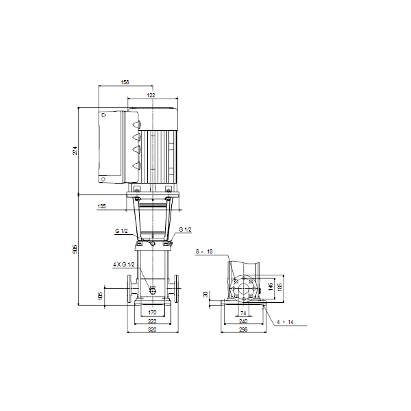 Вертикальный многоступенчатый центробежный насос Grundfos CRE 32-1-1 A-F-A-E-HQQE артикул 98390932 – габаритный чертеж