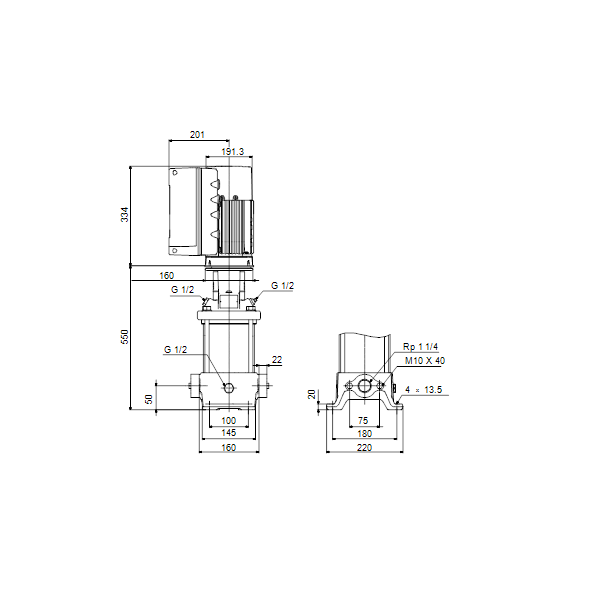 Вертикальный многоступенчатый центробежный насос Grundfos CRE 5-12 N-A-A-E-HQQE артикул 99072201 – габаритный чертеж