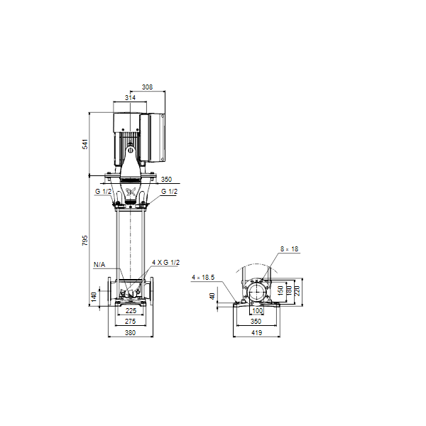 Вертикальный многоступенчатый центробежный насос Grundfos CRE 95-2-1 N-F-A-E-HQQE артикул 99264418 – габаритный чертеж