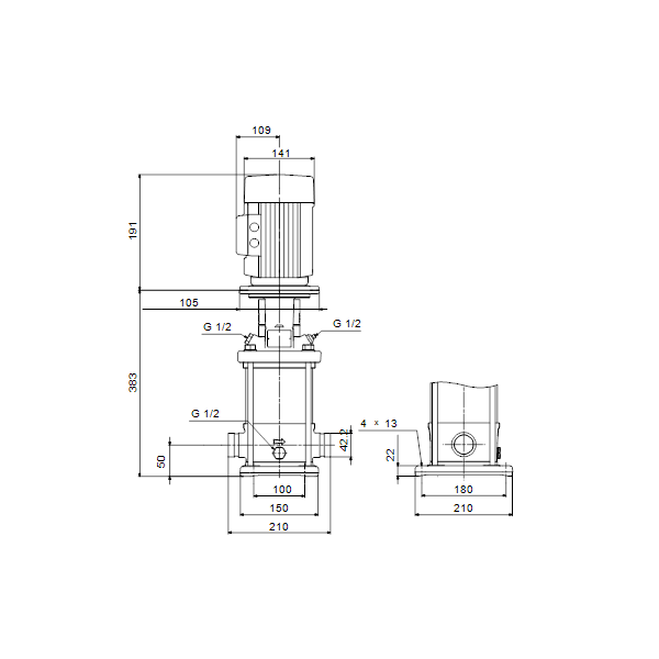 Вертикальный многоступенчатый центробежный насос Grundfos CRN 1-10 A-P-A-E-HQQE артикул 96516489 – габаритный чертеж