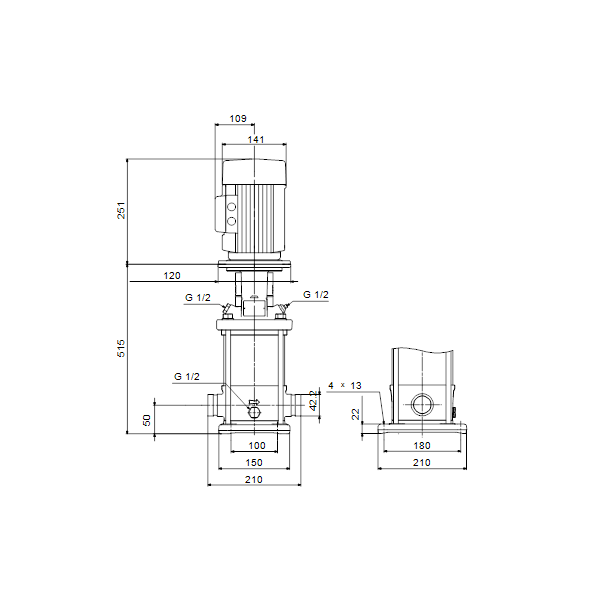 Вертикальный многоступенчатый центробежный насос Grundfos CRN 1-17 A-P-A-E-HQQE артикул 96516497 – габаритный чертеж