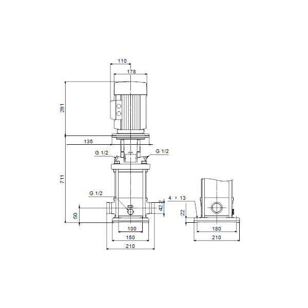 Вертикальный многоступенчатый центробежный насос Grundfos CRN 1-27 A-P-A-V-HQQV артикул 96516527 – габаритный чертеж
