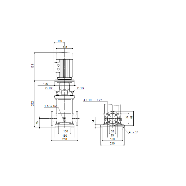Вертикальный многоступенчатый центробежный насос Grundfos CRN 1-2 A-FGJ-A-V-HQQV артикул 96516420 – габаритный чертеж
