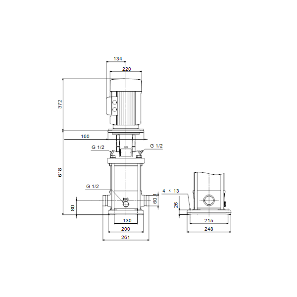 Вертикальный многоступенчатый центробежный насос Grundfos CRN 10-10 A-P-A-V-HQQV артикул 96501382 – габаритный чертеж