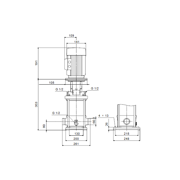 Вертикальный многоступенчатый центробежный насос Grundfos CRN 10-1 A-P-A-E-HQQE артикул 96501040 – габаритный чертеж