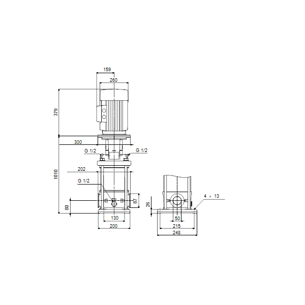 Вертикальный многоступенчатый центробежный насос Grundfos CRN 10-22 A-CA-A-V-HQQV артикул 96501414 – габаритный чертеж