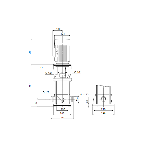 Вертикальный многоступенчатый центробежный насос Grundfos CRN 10-3 A-P-A-V-HQQV артикул 96501167 – габаритный чертеж