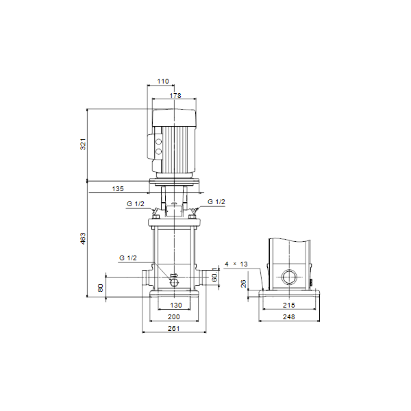 Вертикальный многоступенчатый центробежный насос Grundfos CRN 10-5 A-P-A-V-HQQV артикул 96501377 – габаритный чертеж