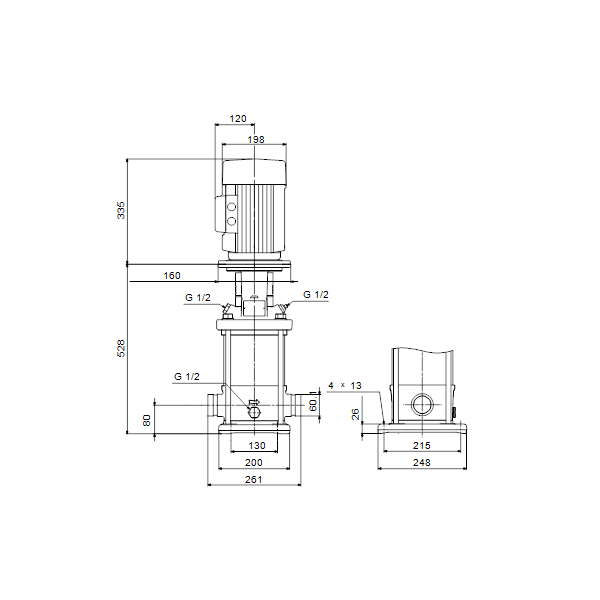 Вертикальный многоступенчатый центробежный насос Grundfos CRN 10-7 A-P-A-V-HQQV артикул 96501379 – габаритный чертеж