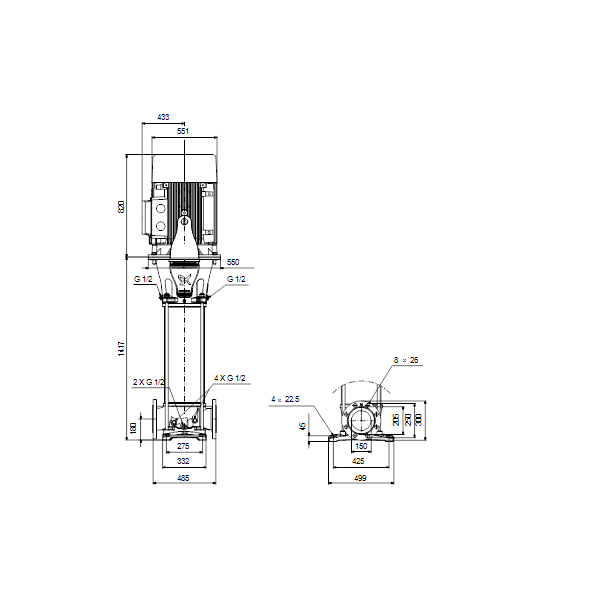 Вертикальный многоступенчатый центробежный насос Grundfos CRN 125-6 A-F-A-E-HQQE артикул 99142651 – габаритный чертеж