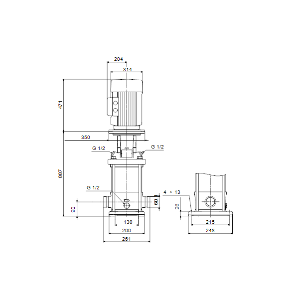 Вертикальный многоступенчатый центробежный насос Grundfos CRN 20-10 A-P-A-E-HQQE артикул 96500565 – габаритный чертеж