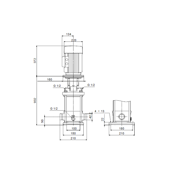 Вертикальный многоступенчатый центробежный насос Grundfos CRN 5-26 A-P-A-V-HQQV артикул 96513506 – габаритный чертеж