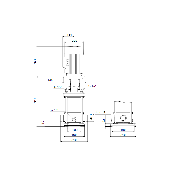 Вертикальный многоступенчатый центробежный насос Grundfos CRN 5-29 A-P-A-V-HQQV артикул 96513507 – габаритный чертеж