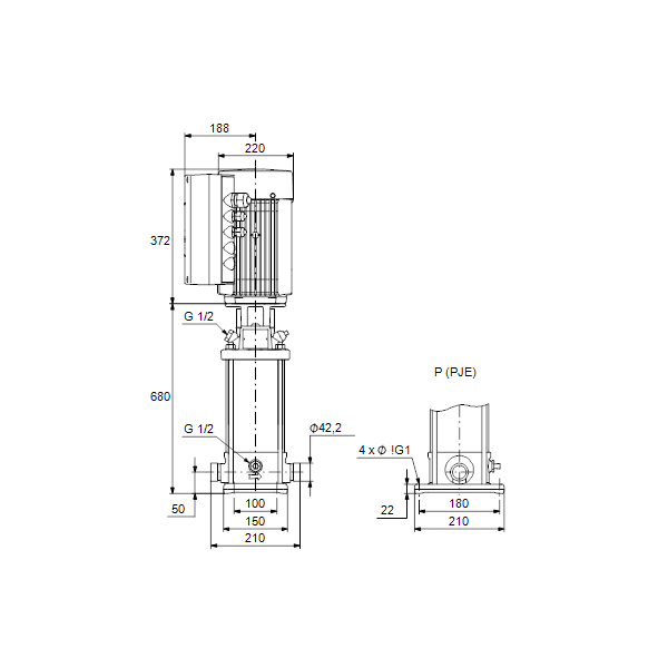 Вертикальный многоступенчатый центробежный насос Grundfos CRNE 1-23 HS HS-P-GI-E-HQQE артикул 96461688 – габаритный чертеж