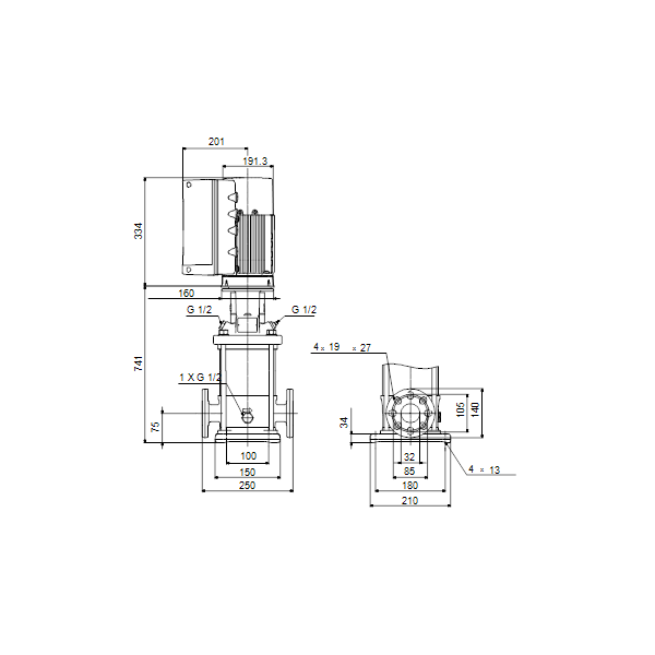 Вертикальный многоступенчатый центробежный насос Grundfos CRNE 1-27 A-FGJ-A-E-HQQE артикул 99072128 – габаритный чертеж