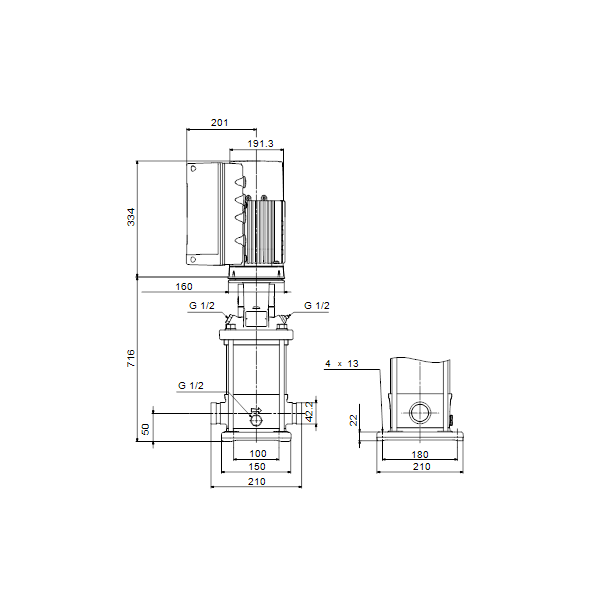 Вертикальный многоступенчатый центробежный насос Grundfos CRNE 1-27 A-P-A-E-HQQE артикул 99072126 – габаритный чертеж