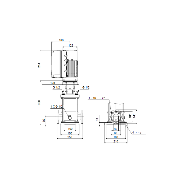 Вертикальный многоступенчатый центробежный насос Grundfos CRNE 1-4 N-FGJ-A-E-HQQE артикул 98389538 – габаритный чертеж